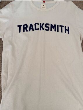 Tracksmith Cream Tee with Navy Logo